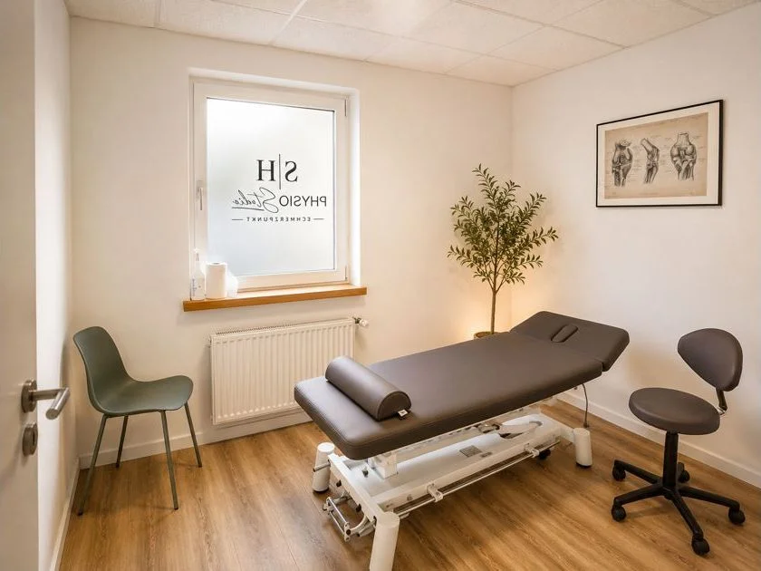 Behandlungsraum mit SH-PhysioStudio-Logo im Fenster.